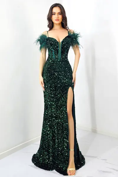 Rochie de seara Lady Marry, croi tip sirena, cu paiete si pene, Verde inchis
