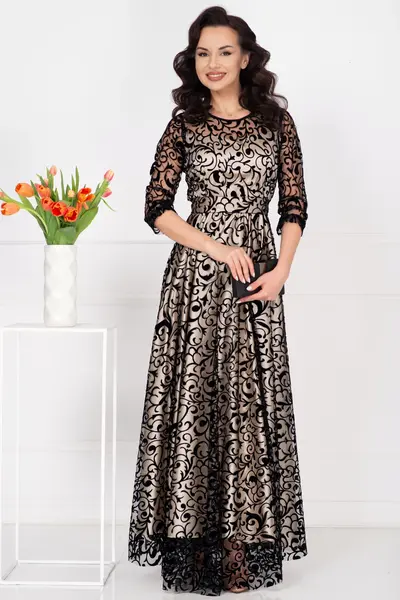 Rochie de seara lunga Francesca cu model din catifea si dublura bej