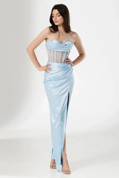 Rochie de seara lunga Sabina bleu cu fronseuri si pietre pretioase