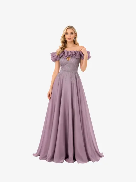 Rochie de seară “Milenna”, cu aplicații strălucitoare și volane pe umeri - L