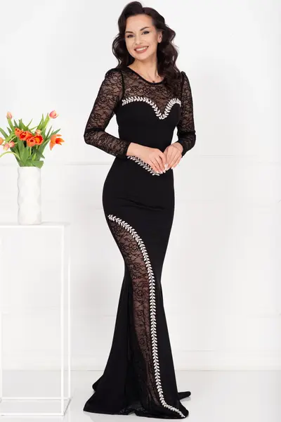 Rochie de seara neagra tip sirena Celesta cu maneci din dantela