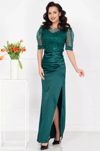 Rochie de seara Sophia verde din tafta cu bust din paiete