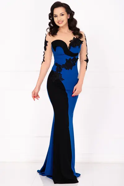 Rochie de seara Twilla albastra tip sirena cu broderie aplicata