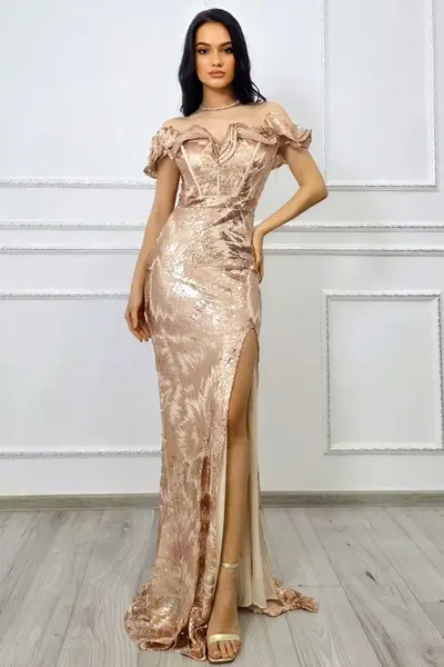 Rochie de seara Velary, croială sirenă cu linie couture si paiete, AURIU