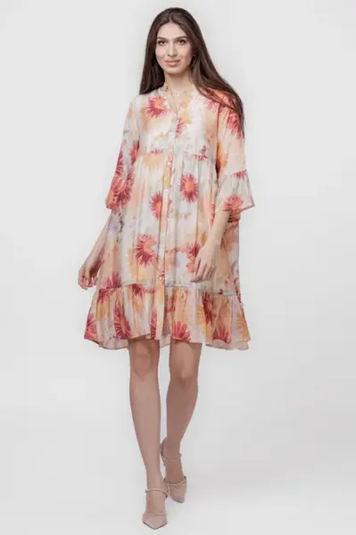 Rochie de vara midi cu imprimeu flori mari portocalii