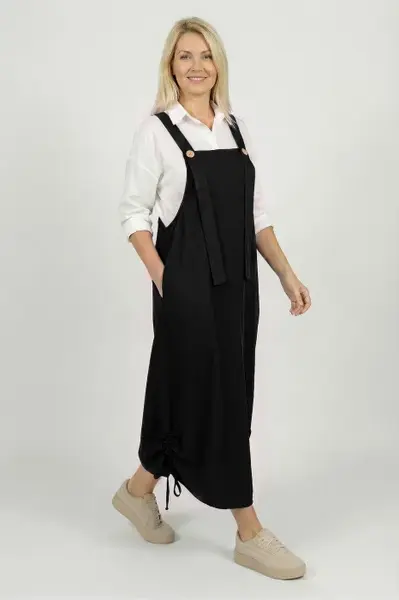Rochie de vara tip sarafan lung cu bretele si snur reglabil, amestec de in cu vascoza neagra