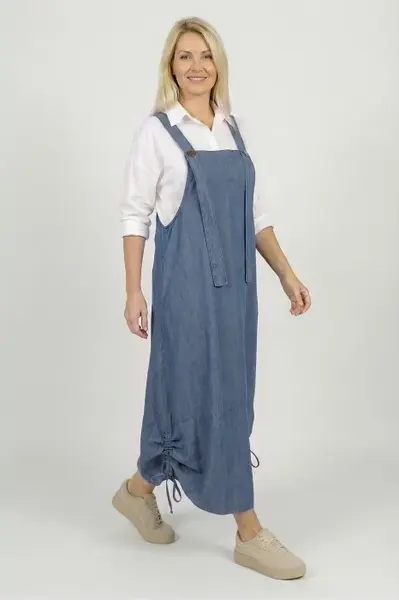 Rochie de vara tip sarafan lung cu bretele si snur reglabil, din denim subtire bleu