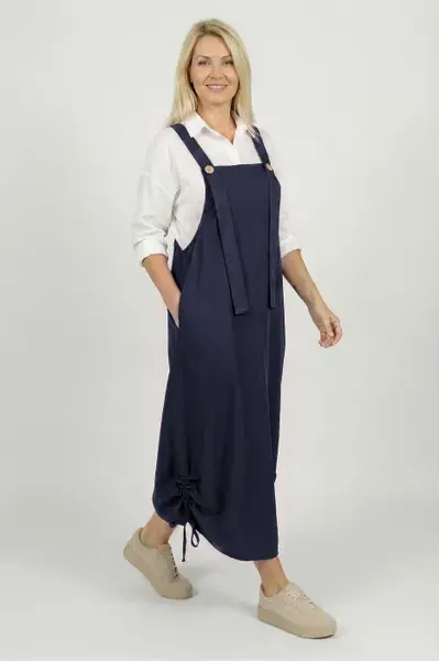 Rochie de vara tip sarafan lung cu bretele si snur reglabil, amestec de in cu vascoza bleumarin