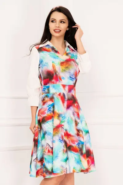 Rochie de zi Agapia in clos cu print multicolor si maneci cu volanas
