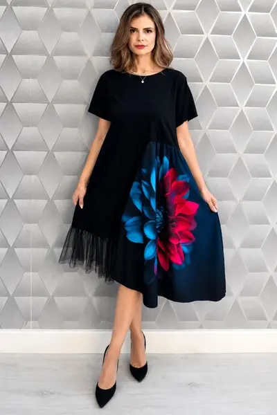 Rochie de zi Arty Fiora, cu tull si maneca scurta, Aura Gemina, Marime S/M/L