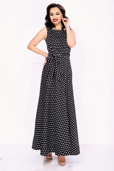 Rochie de zi eleganta Effect neagra vaporoasa cu buline albe