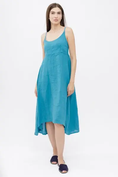 Rochie din in, cu bretele reglabile si elastic la spate, turcoaz
