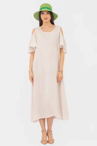 Rochie din in cu umerii goi, lunga, A-line, bej