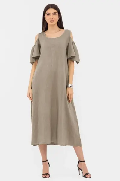 Rochie din in cu umerii goi, lunga, A-line, bej inchis
