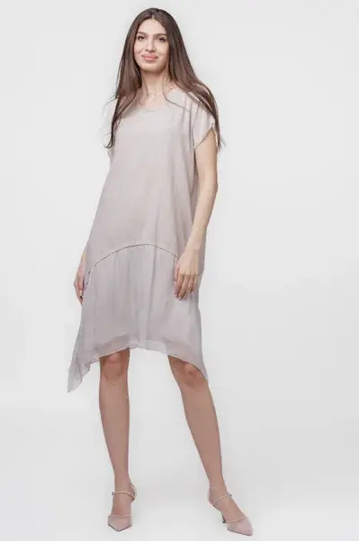 Rochie din in cu volan din matase naturala si colturi, bej