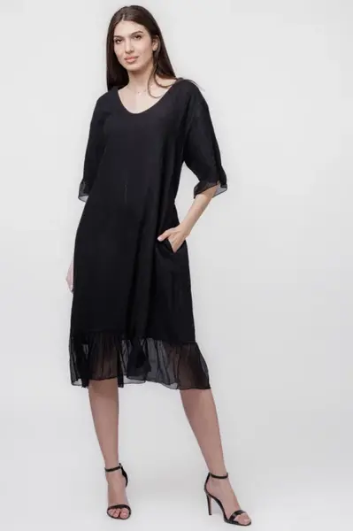 Rochie din in neagra cu volane din matase si snur in talie