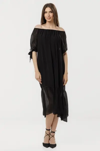 Rochie din matase si vascoza cu detalii feminine si croiala lejera, neagra