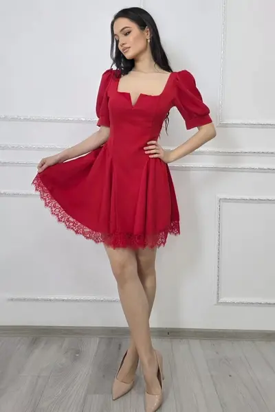 Rochie eleganta babydoll Amandine, cu spatele gol si legare funda, Rosu, Marime S/M
