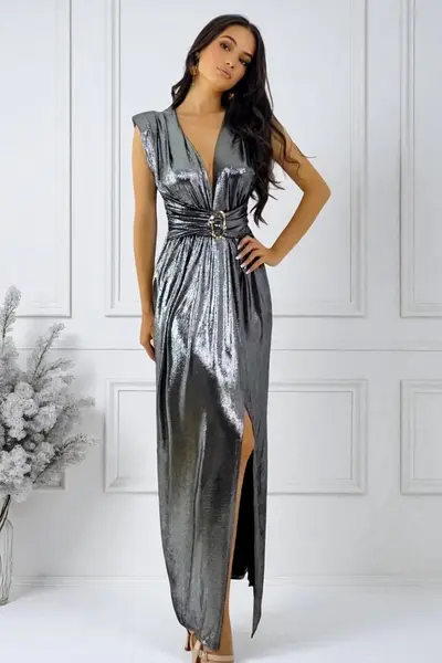 Rochie eleganta cu aspect metalic Demetra si accesoriu chic, Argintiu, Marime S/M