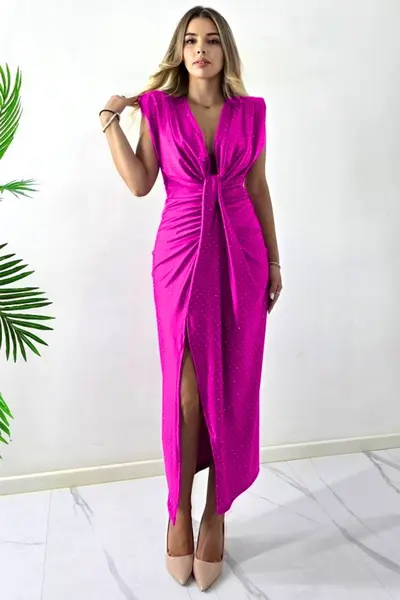Rochie eleganta cu cristale JHOSY si decolteu adanc, Fucsia, Marime S/M