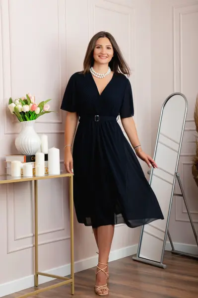 Rochie eleganta din voal Desiree cu decolteu in V si curea - Bleumarin