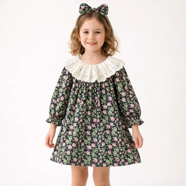 Rochie Elegantă Fetițe Imprimeu Floral cu Guler Alb - 2-3 ani