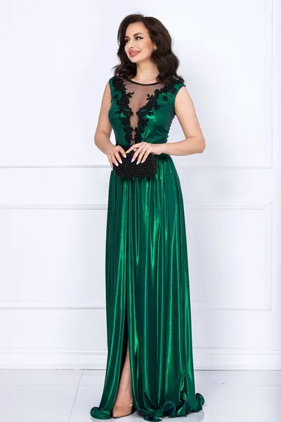 Rochie eleganta Ginette verde peliculizata cu broderie aplicata