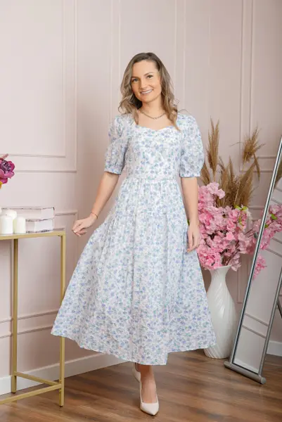 Rochie eleganta Helena cu imprimeuri florale si buzunare functionale - Bleu