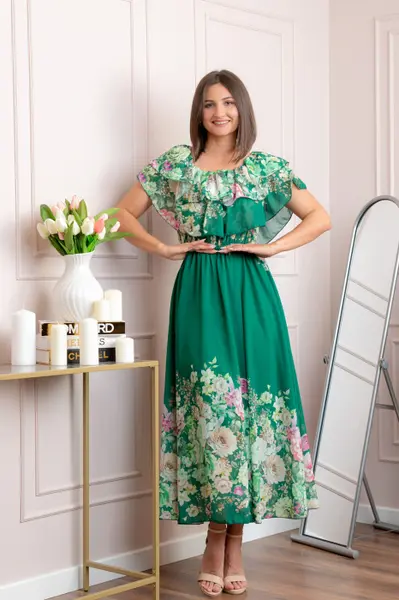 Rochie eleganta lunga Ayana cu imprimeri florale si volane ample - Verde