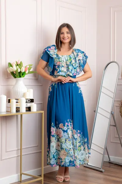 Rochie eleganta lunga Ayana cu imprimeri florale si volane ample - Albastru regal
