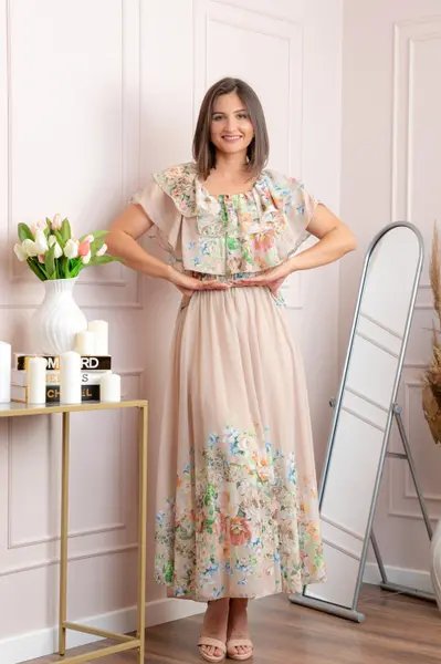Rochie eleganta lunga Ayana cu imprimeri florale si volane ample - Crem