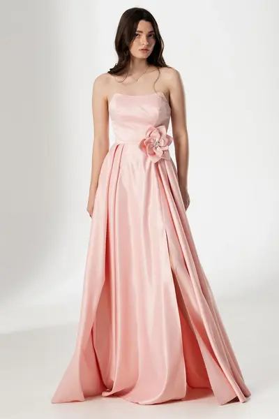 Rochie eleganta lunga roz Lorelai din tafta cu floare 3D