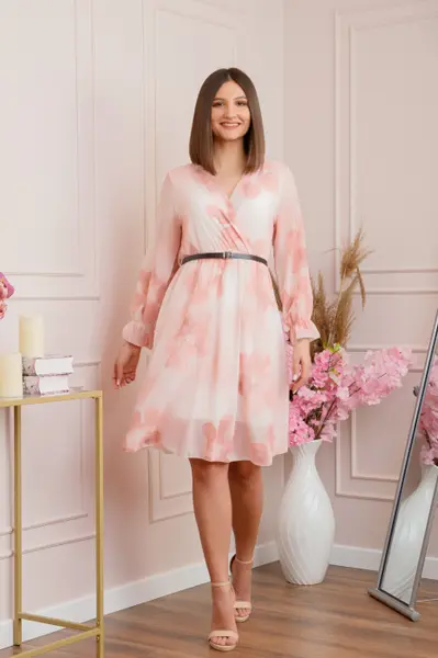 Rochie eleganta Melody din voal cu imprimeu floral roz pastel si bust petrecut