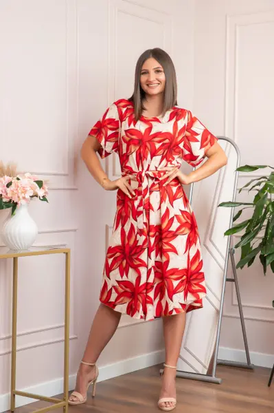 Rochie eleganta Olive cu imprimeu exotic rosu