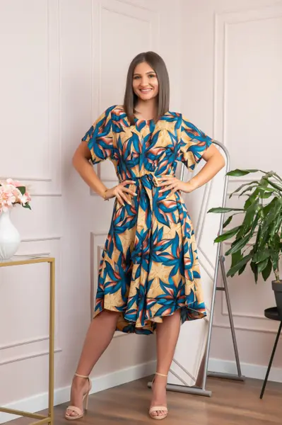 Rochie eleganta Olive cu imprimeu exotic turcoaz