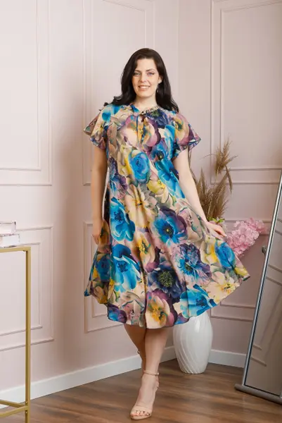 Rochie eleganta Penelope cu baza asimetrica si imprimeu floral - Turcoaz