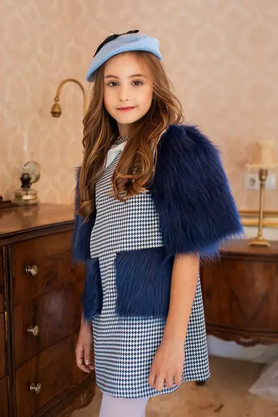 Rochie eleganta pentru fete, stofa si maneci din blanita albastra - 7 ani - LIVRARE 24H