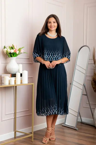 Rochie eleganta plisata Aimee din voal bleumarin