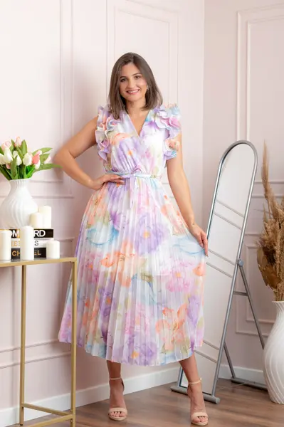 Rochie eleganta plisata Cindy cu imprimeu floral si volane la umeri - Lila