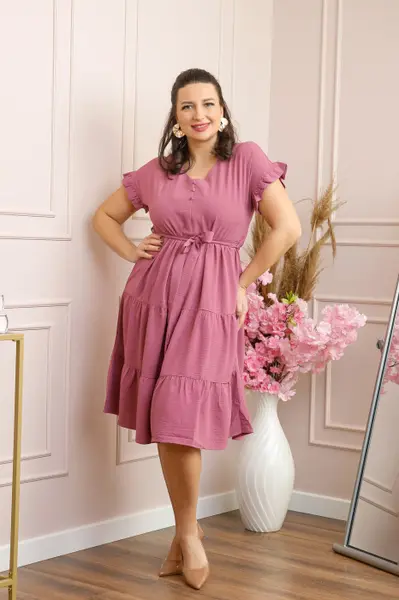 Rochie eleganta Rosalie cu volane si cordon in talie - Roz pudrat