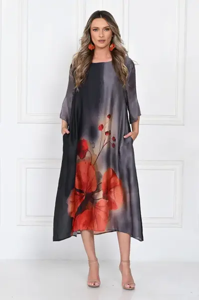 Rochie eleganta satinata A-line cu imprimeu maci rosii si croi lejer fluid, gri-negru