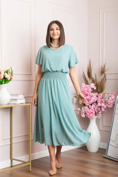 Rochie eleganta verde mint Francesca cu talie incretita