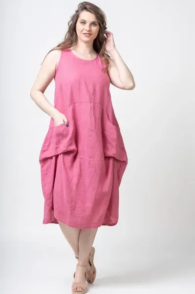 Rochie fara maneci, lalea, din in, cu falduri, roz inchis