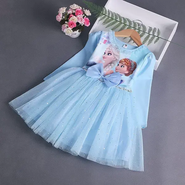 Rochie Fetite Albastra cu Printese Cassandra maneca lunga - 6-7 ani