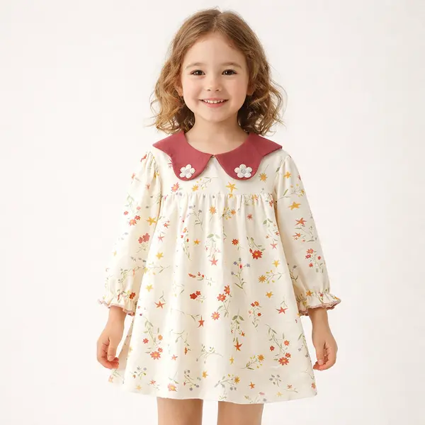 Rochie Fetițe Crem cu Floricele Sabina - 5-6 ani