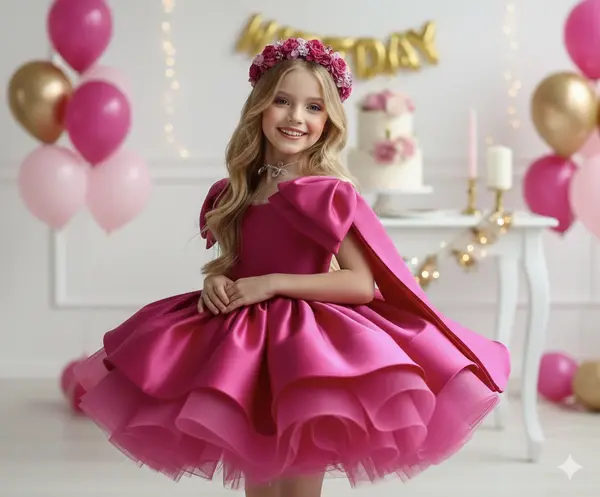 Rochie fuchsia eleganta cu fundite pe umeri din tafta pentru fete - Barbie