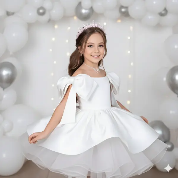 Rochie fuchsia eleganta cu fundite pe umeri din tafta pentru fete - Barbie