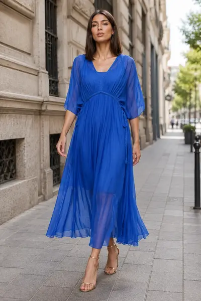 Rochie Goddess din matase si vascoza cu snur impletit pe decolteu si talie, albastra