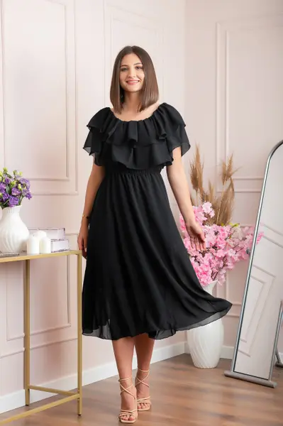 Rochie Joyce eleganta din voal cu volane - Negru