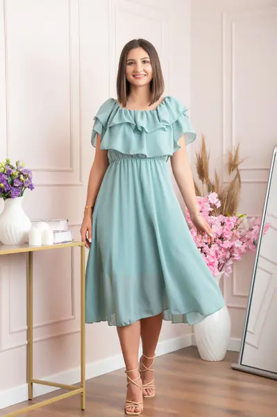 Rochie Joyce eleganta din voal cu volane - Verde mint